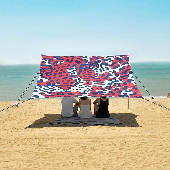 ALAZA Red &amp Blue Leopard Cheetah Print Beach Tent Sun Shelter UPF50+ Protection Beach Shade Canopy w/ 4 Sandbags for Outdoor Camping Fishing Backyard Fun Picnic 10x9 ft