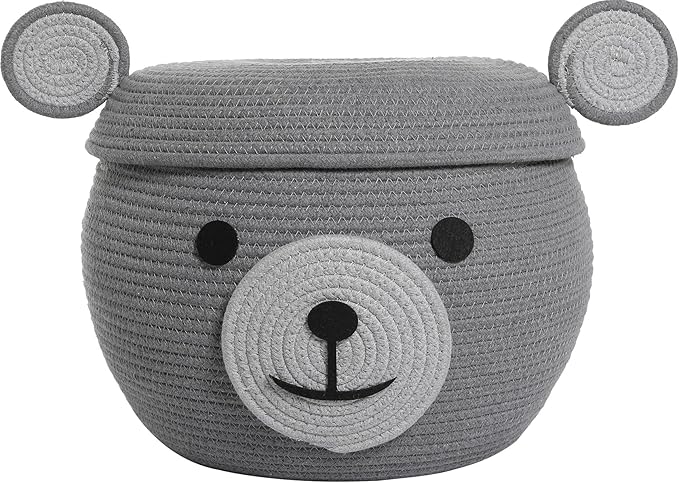 Cottonphant Handcrafted Animal Inspired Basket with Lid (Grey Bear 15x12)