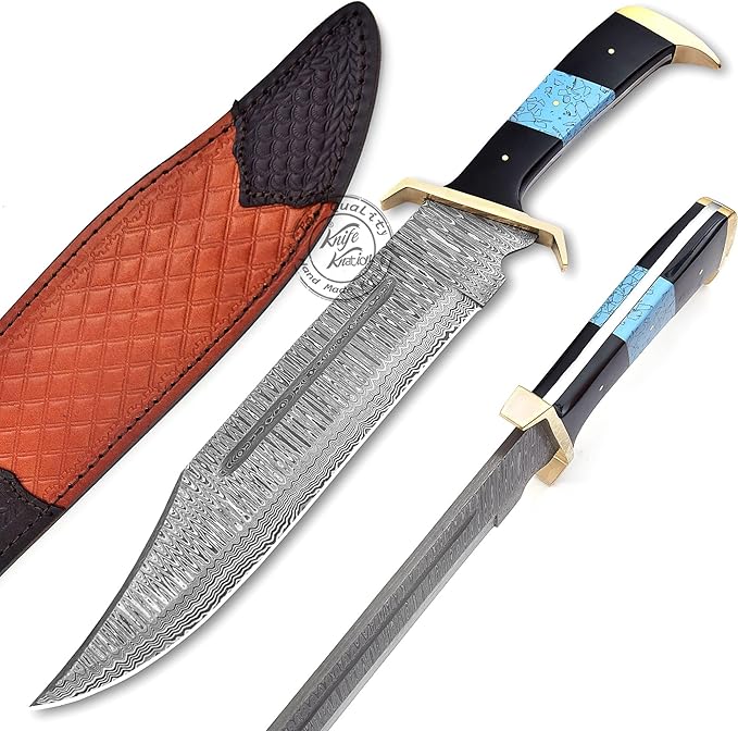 Damascus Steel Western Outlaw Bowie Hunting Knife Fixed Blade Survival &amp Hunting Knife Camping Bushcraft EDC - Gift for Men Premium Leather Sheath KKH-69