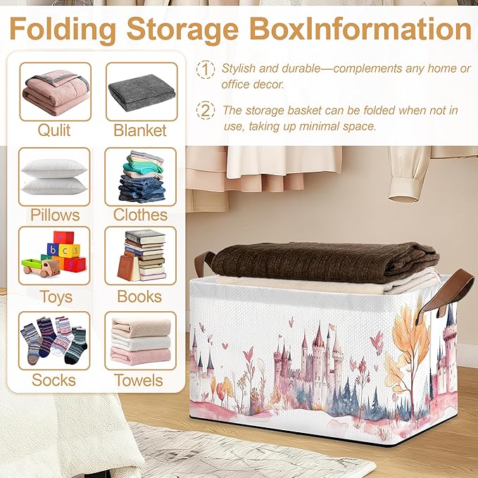 Forest Castle Storage Bin with Handles Basket Storage Organizer for Shelves Closet Nursery Book Laundry Hamper &amp Home Decor