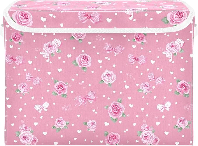 Pink Valentine Heart Roses Bows Storage Box with Lid 1 PC Foldable Storage Bin with Lids Stackable Storage Bins Cube Closet Organizer Basket with Flip-Top Lid &amp Handles for Shoes Books Towels