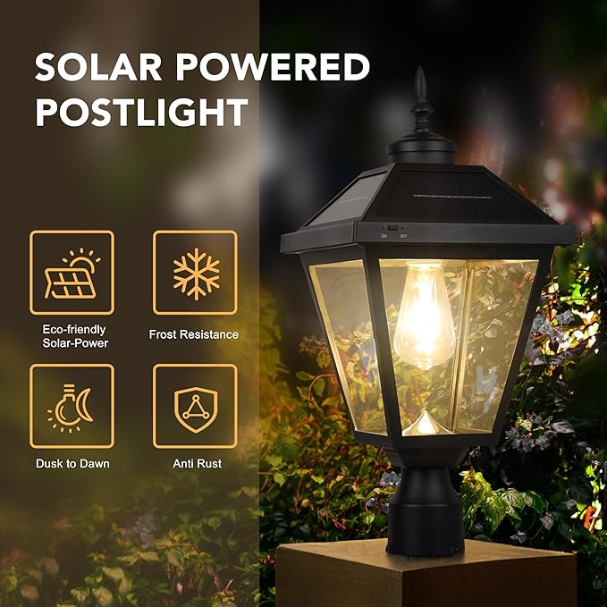 Kemeco Solar Post Light ST4334Q Vintage Dusk to Dawn Outdoor Bright LED Solar Powered Lamp for Pole Pillar Yard Gates Pathway (Lamp with Base)