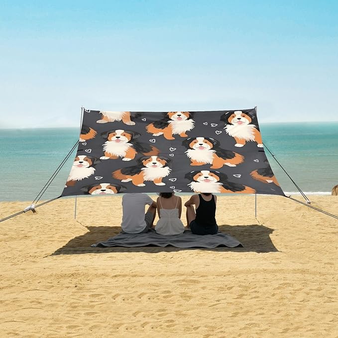 ALAZA Bernese Mountain Dog Beach Tent Sun Shelter UPF50+ Protection Beach Shade Canopy w/ 4 Sandbags for Outdoor Camping Fishing Backyard Fun Picnic 10x9 ft