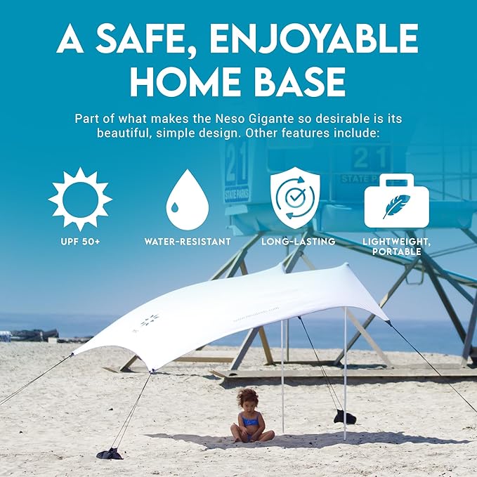 Neso Gigante Portable Beach Tent Sun Shelter - Lightweight Beach Shade Canopy - Easy Setup for Family Outings - Patented Reinforced Corners - UPF 50+ Sun Protection - 8ft Tall 11 x 11ft - White