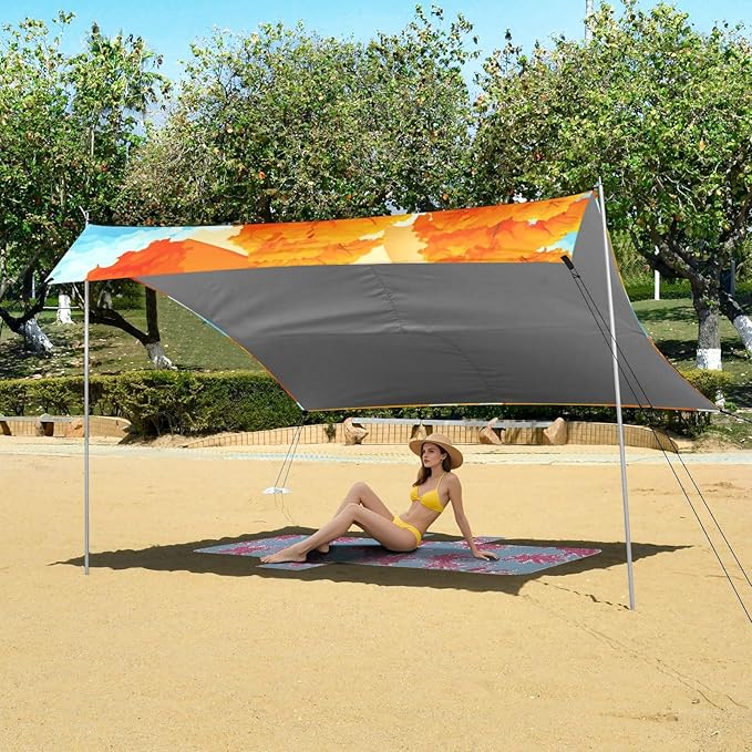 Beach Canopy with Windproof Ropes &amp Sandbags Beach Tent Sun Shade Sun Shelter for Camping Trips Fishing Backyard Fun or Picnics Autumn