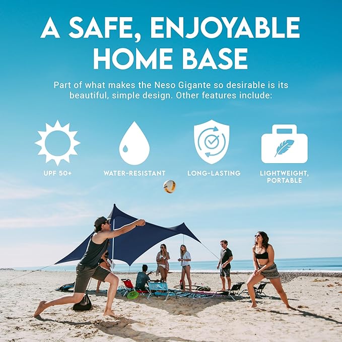 Neso Gigante Portable Beach Tent Sun Shelter - Lightweight Beach Shade Canopy - Easy Setup for Family Outings - Patented Reinforced Corners - UPF 50+ Sun Protection - 8ft Tall 11 x 11ft - Navy