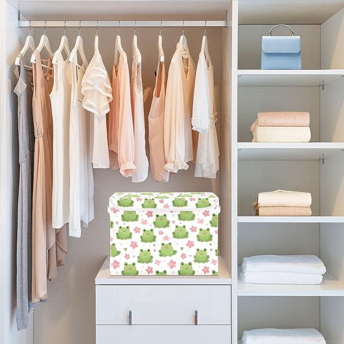 MNSRUU Containers Baskets with Lids Frog Pink Flowers Fabric Foldable Storage Bins Organizer with Lid Collapsible Storage Boxes for Home Bedroom Closet Office
