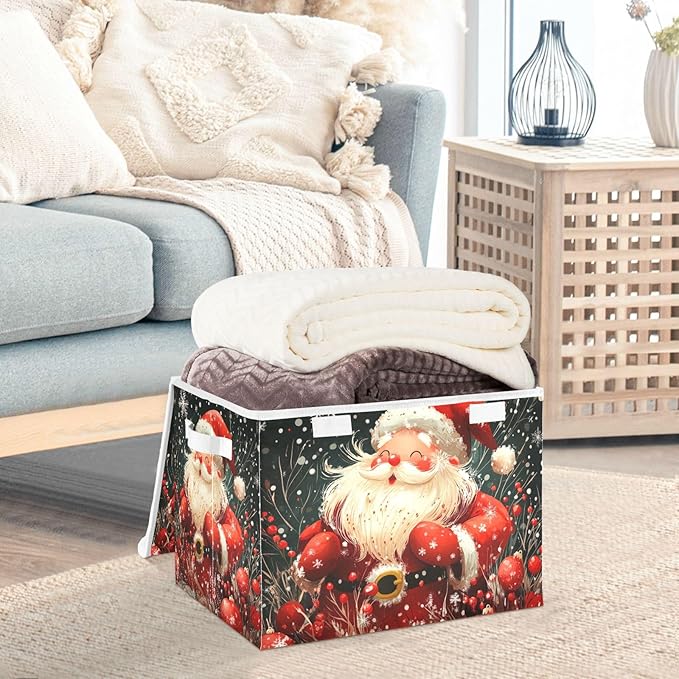 Collapsible Storage Bins with Lids Decorative Fabric Storage Cubes Closet Organizer and Storage Basket Boxes Containers for Clothes Box Chest Nursery Folding Rectangle Red Christmas Sante Cla