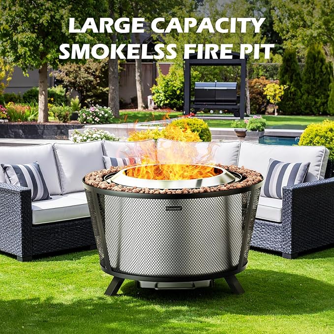 Panovue 29” Large Capacity Smokeless Fire Pit for OutsideHeavy‑Duty Wood Burning Firepit with Dual‑Wall Design Mesh Shield Pull‑Out Ash Pan Stylish Patio for Backyard Gatherings