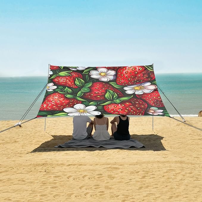 ALAZA Cute Strawberry Cherry and Flower Beach Tent Sun Shelter Portable Canopy Sunshade for Outdoor Camping Picnics Backyard Fun 10x9 ft