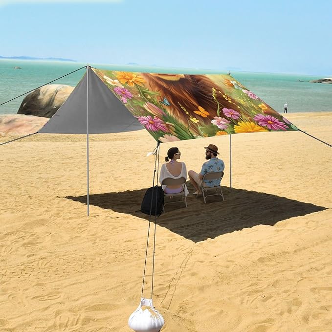 ALAZA A Cute Highland Cow Flowers Beach Tent Sun Shelter Portable Canopy Sunshade for Outdoor Camping Picnics Backyard Fun 10x9 ft