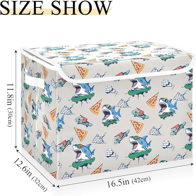 MNSRUU Containers Baskets with Lids Shark Skateboard Pizza Foldable Storage Bins Organizer with Lid Collapsible Storage Boxes for Home Bedroom Closet Office