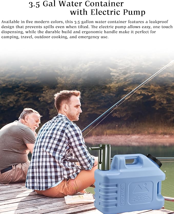 UPWOIGH 3.5 Gallon Portable Water Jug in Light Blue with Screw-Lock Leakproof Touch Pump Nature-Inspired Carved Container with Spigot Type-C Rechargeable Outdoor Water Tank for Camping Hiking