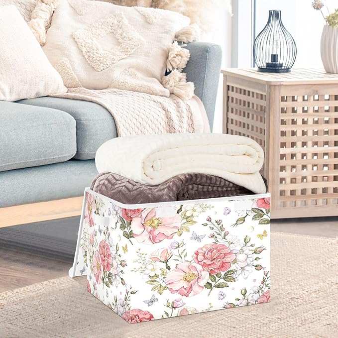 Flower Storage Bins with Lids Decorative Fabric Storage Boxes with Handles Closet Organizer Foldable Christmas Basket Baby Basket for Nursery Bedroom Office
