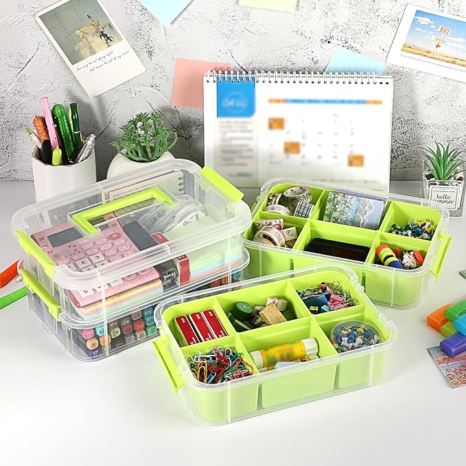 JUXYES 4-Tiers Stack Carry Storage Box With 2 Divided Tray Transparent Stackable Storage Bin With Handle Lid Latching Storage Container for School &amp Office Supplies Green