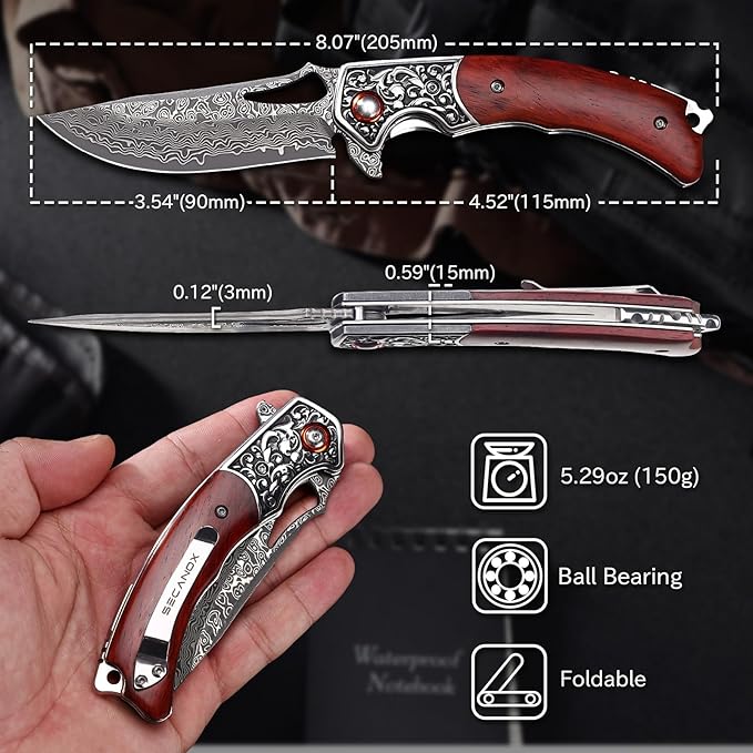 Damascus Pocket Knife for Men Wooden Handle and Sharp Damascus Steel Blade Folding Knives for EDC Camping Hiking Outdoor Collection