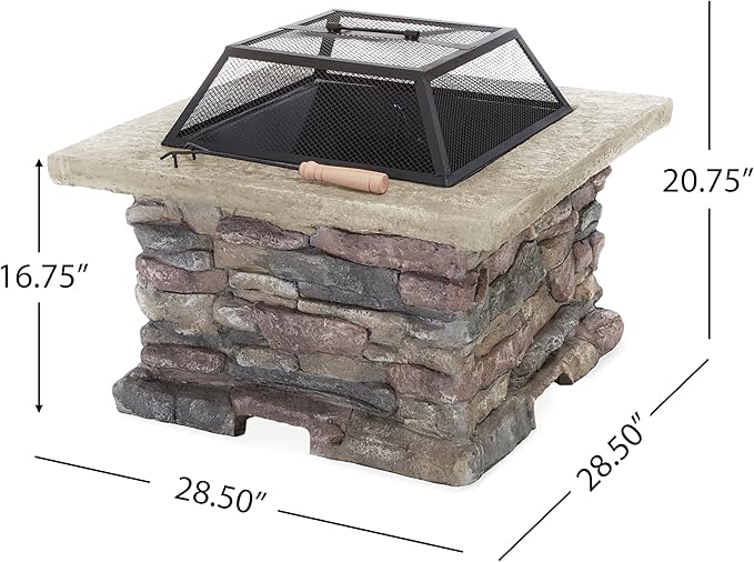 Outdoor Fire Pit Table 28.5 Inch Wood Burning Fire Pit for Patio with Spark Screen Fire Poker MGO Square Fireplace for Camping Garden Backyard Bonfire Party Stone Gray