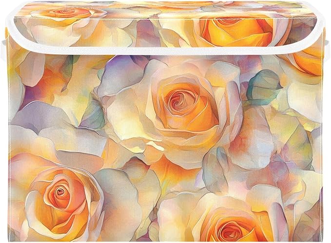 Aesthetic Floral Orange Storage Cube Bins Basket with Lid Collapsible Flip-top Fabric with Handle for Home Bedroom Closet Office 16.5×12.6×11.8 in