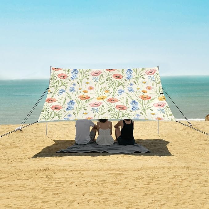 xigua Flowers Beach Tent Sun Shelter with Carrying Bag - Silver Coated Oxford Fabric Beach Canopy for Beach Camping Fishing - Includes Windproof Ropes Sandbags &amp Stakes