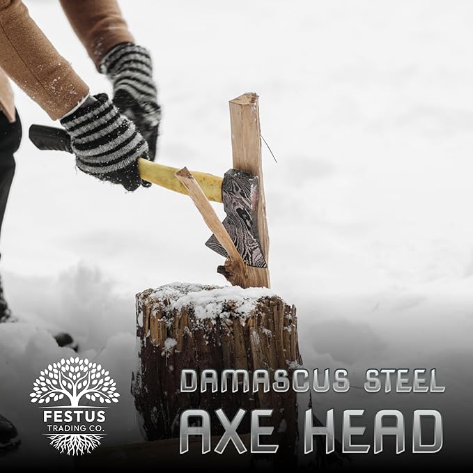 Handmade Damascus Steel Axe – Premium Chopping Hatchet for Camping Wood Splitting &amp Kindling – Outdoor Survival Tool &amp Sharp Blade