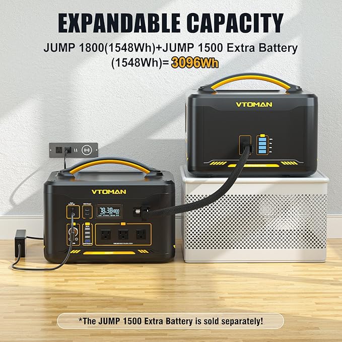 VTOMAN Jump 1800 Portable Power Station with Jump Start 1548Wh LiFePO4 Solar Generator 1800W (Peak 3600W) AC Outlets Regulated 12V DC PD 100W Type-C for Home Backup RV/Van Travel Camping Road Trip