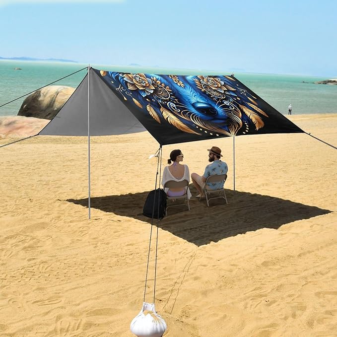 ALAZA Wolf Head Boho Beach Tent Sun Shelter UPF50+ Protection Beach Shade Canopy w/ 4 Sandbags for Outdoor Camping Fishing Backyard Fun Picnic 10x9 ft