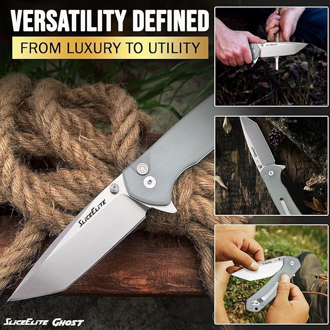 SliceElite Ghost EDC Knife 3.4 Inch D2 Steel Tanto Blade Translucent Green G10 Handle Button Lock Stainless Steel Pocket Clip Lightweight Compact Everyday Carry Knife