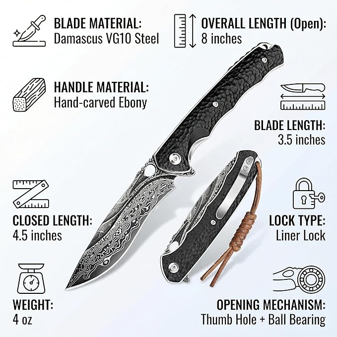 Damascus Steel Folding Pocket Knife 3.54 VG10 Blade for Men and Women Ebony Handle EDC Knife with Liner Lock for Outdoor Survival Camping Collection Hunting