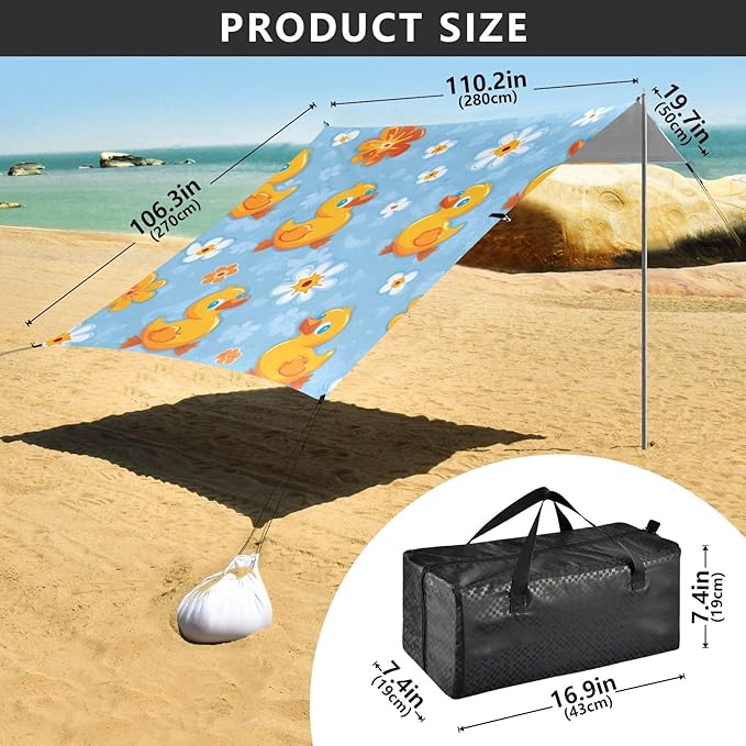 ALAZA Duck Flower Pattern Beach Tent Sun Shelter UPF50+ Protection Beach Shade Canopy w/ 4 Sandbags for Outdoor Camping Fishing Backyard Fun Picnic 10x9 ft