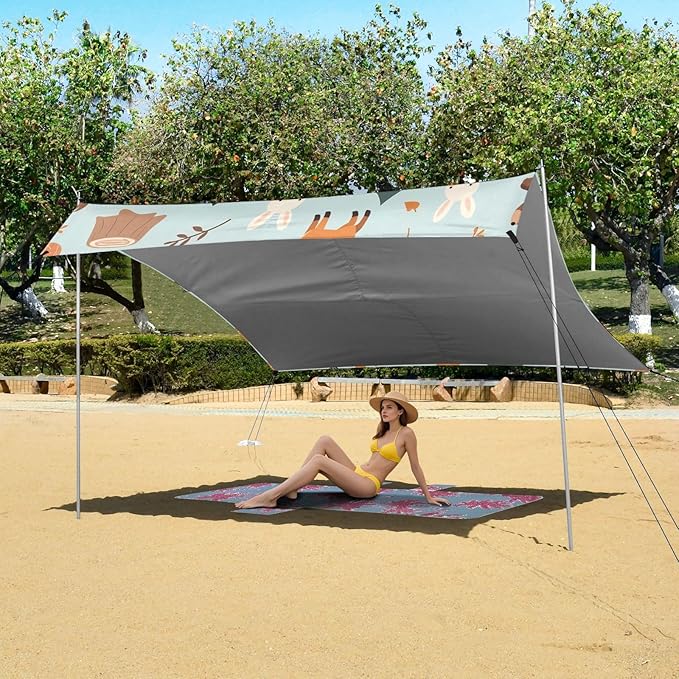 ALAZA Fox Rabbit Bear Pattern Beach Tent Sun Shelter Portable Canopy Sunshade for Outdoor Camping Picnics Backyard Fun 10x9 ft
