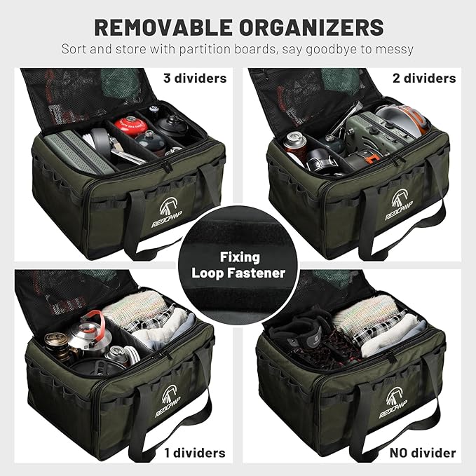 REDCAMP Camping Tote Organizer 35L Tactical Duffel Bag Waterproof Camp Storage Organizer with 3 Adjustable Dividers and Shoulder Strap for Outdoor Transport Army Green
