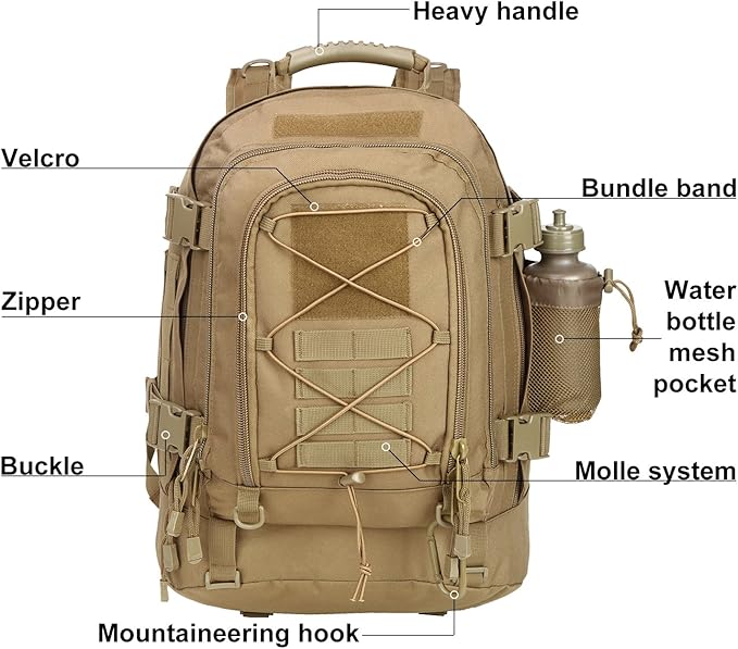 Large Tactical Backpack for Men Military Backpack with DIY System for Travel WorkCampingHuntingHikingSports (TAN)