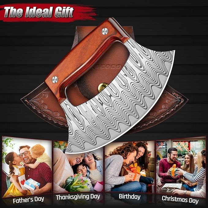 ROCOCO Pizza Cutter Ulu Knife – Full Tang Mezzaluna Rocker Chopper with Sheath for Kitchen Camping BBQ Gifts for Men Women