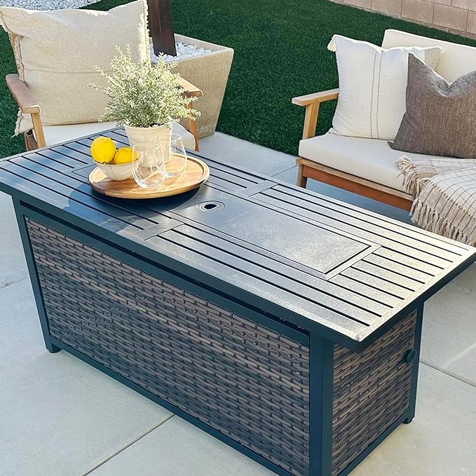 Sophia &amp William 56 Inch Gas Fire Pit Table Outdoor Rattan Propane Fire Table &amp Fireplace with Fire Glass Lid 50000 BTU Firepits for Outside Patio