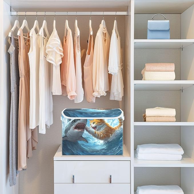 Storage Cube with Lid Cat and Fish Print 16.5×12.6×11.8 IN Collapsible Large Capacity Foldable Storage Basket Bin Organizer