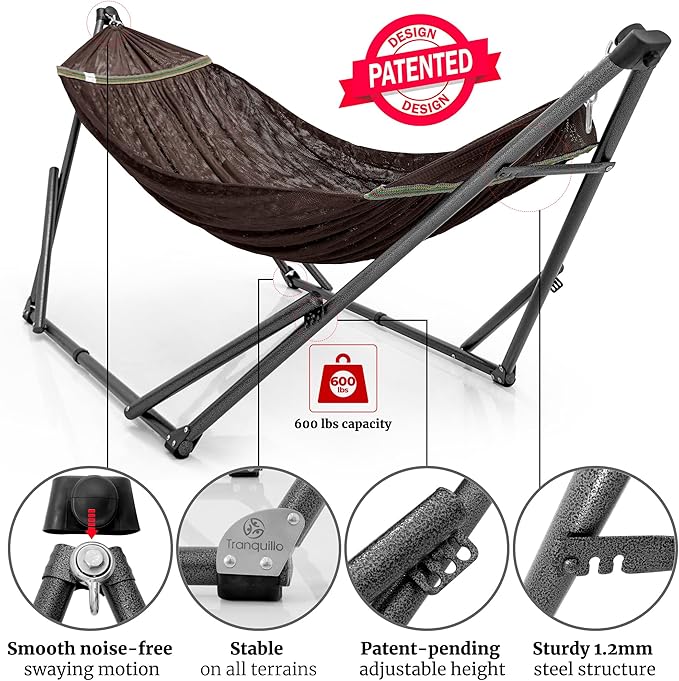 Tranquillo Combo x2 Hammocks with Stand for Outside &amp Tree Straps Heavy Duty Hammock with Stand 600lbs for Indoor Outdoor Patio Backyard x2 Hammocks for 2 Person (Combo - Brown Medium)