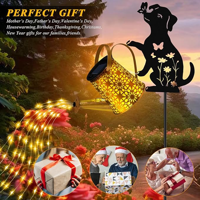 Solar Lights Outdoor Decorative Watering Can with Cascading Lights with Dog Silhouette Garden Stakes Waterproof Metal Garden Decor Mom 2 Pack