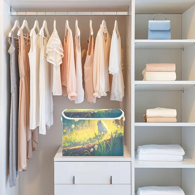 senya Large Storage Bins with Linen Easter Rabbit Collapsible Foldable Storage Cubes Fabric Closet Organizer Containers Box with Flip-Top Lid for Home Bedroom Office 16.7 x 12.6 x 11.8in