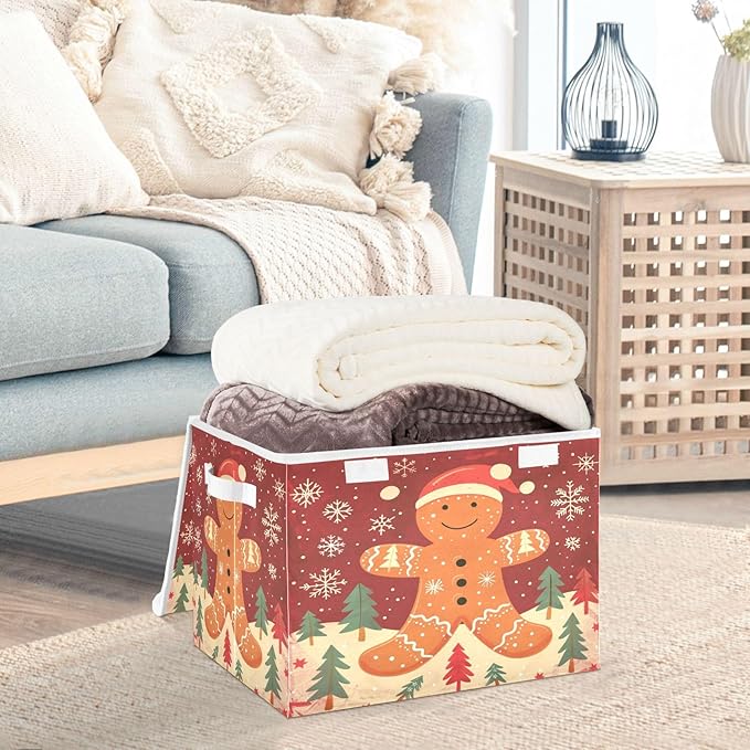 senya Christmas Baskets Collapsible Storage Bins with Lids Christmas Pattern Gingerbread Man Storage Boxes Clothes Baskets for Organizing