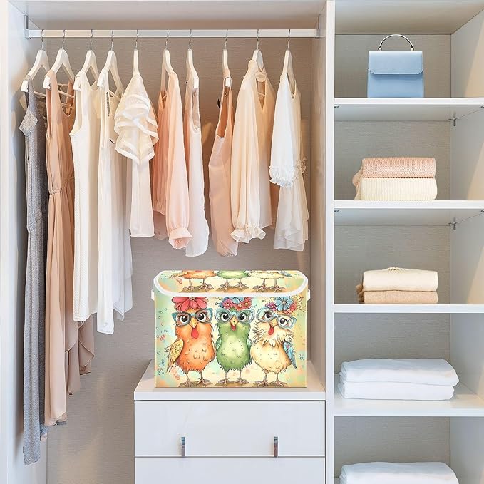 Hen Flowers Chicken Glasses Storage Bins with Lids Foldable Storage Boxes Cube Closet Storage Baskets Container Organizers for Home Bedroom Office