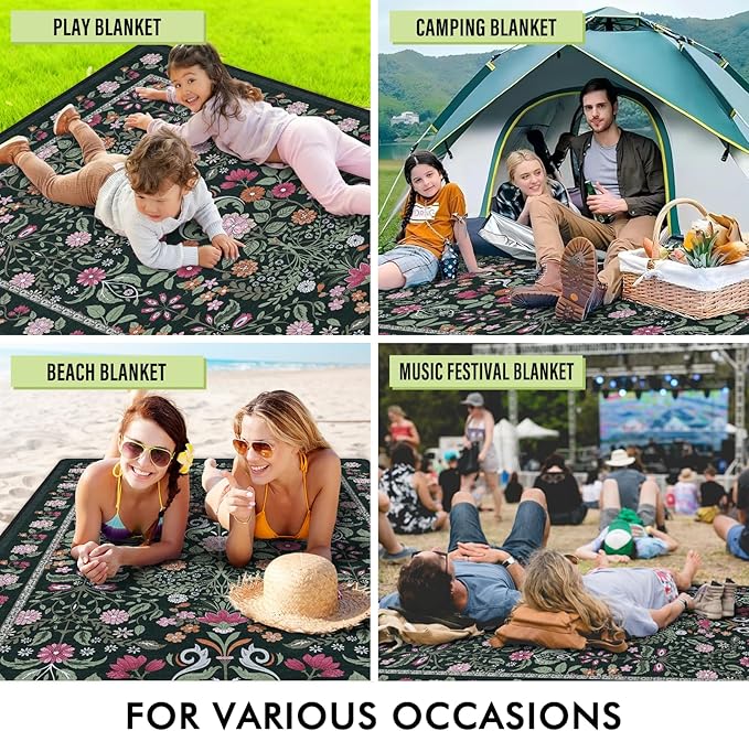 Floral Picnic Blankets Waterproof Foldable 60″X80″ Packable Picnic Mat Boho Outdoor Blanket for Grass Large Beach Blanket Sandproof Picnic Accessories for Camping Music Festival Park Lawn Travel