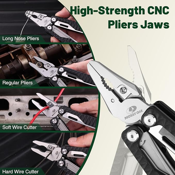 MOSSY OAK Multitool 17-in-1 EDC Multi Tool with CNC-Machined Steel Pliers G10 Anti-Slip Handle Nylon Sheath &amp Belt Clip – Durable MultiTool for Camping Hiking Hunting Survival and Everyday