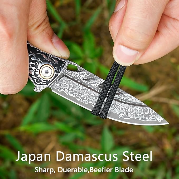 VNLA Handmade Damascus steel Folding Pocket knife. VG10 steel core men and women Folding knifeWith Leather sheathLining lockEbony inlaid with resin HandleEDC outdoor camping
