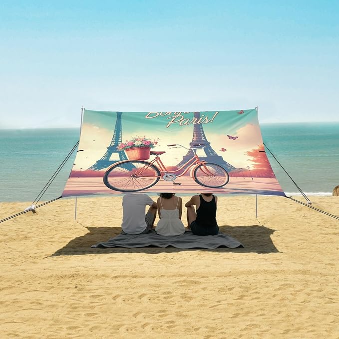 xigua Eiffel Tower Beach Tent Sun Shelter with Carrying Bag - Silver Coated Oxford Fabric Beach Canopy for Beach Camping Fishing - Includes Windproof Ropes Sandbags &amp Stakes