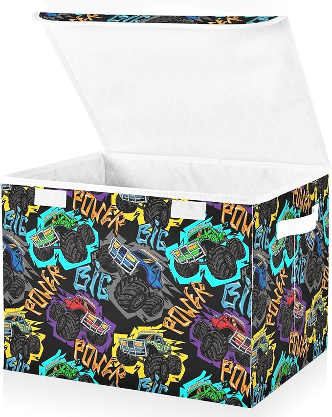 Storage Box Monster Truck Car Closet Storage Bins with Lids Foldable Oxford Fabric Storage Box for Home Bedroom Closet Office (16.5x12.6x11.8 in)