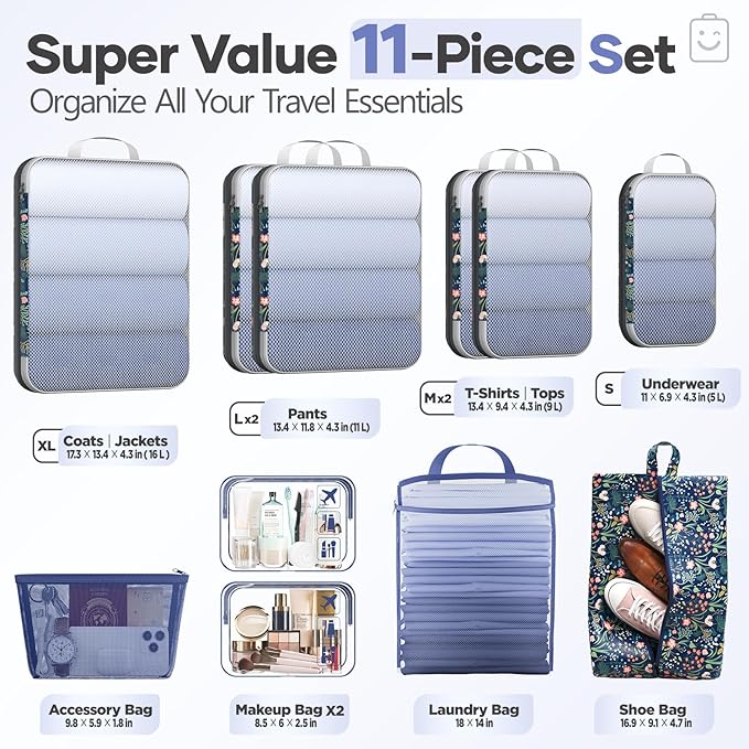 Veken 11 Set Compression Packing Cubes for Travel EssentialsCompressible Expandable Large Luggage Suitcase Organizer Bags for ClothingDurable Space Saver Storage Bags(Dark Blue Floral)
