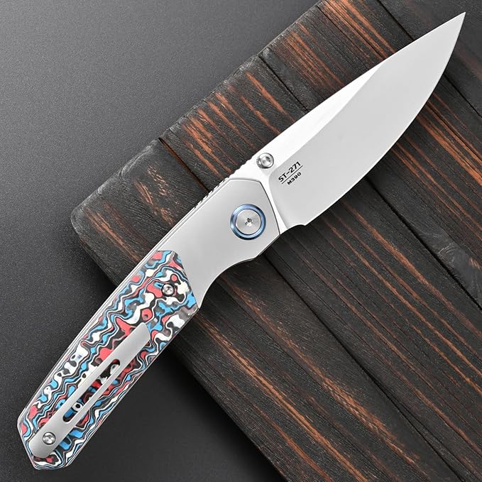 Sitivien ST271 Folding Knife M390 Steel Blade Titanium &amp G10 Handle Knife with Pocket Clip for Men Women Outdoor Camping Hiking Survival(Blue+White+Red)