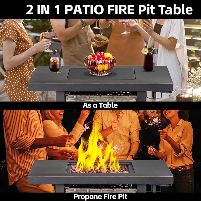 OutVue 32 Inch Propane Fire Pit Table Outdoor Gas Fire Pits with 2 Drink Holders Lid &amp Lava Rock 50000 BTU Firepit Table for Dinning Party in Outside Patio Garden or Yard
