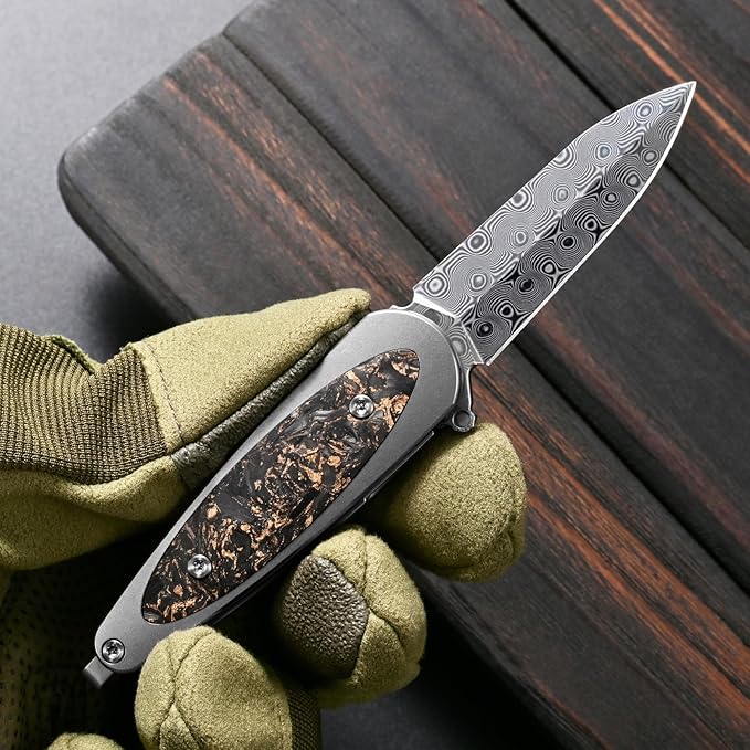 Sitivien ST228 Damascus Steel Folding Knife Copper Platinum Carbon Fiber Inlays Handle and Rose Print Pattern Blade EDC Tool Knife for Outdoor Camping Hiking Hunting(Gray) …