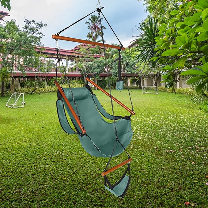Hammock Hanging Sky Chair Large Swinging Seat Chair Indoor and Outdoor Air Swing Seat with Oxford Cloth&amp HardwoodCup Holder for Patio Bedroom or Tree (Green)